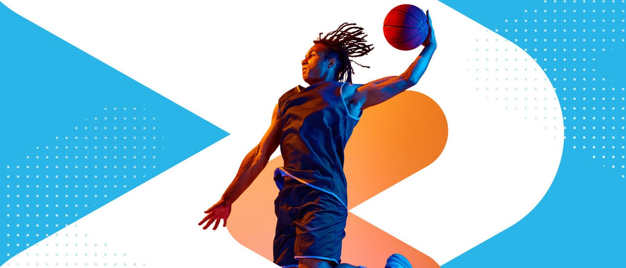 Photo of a basketball player on a blue and orange background