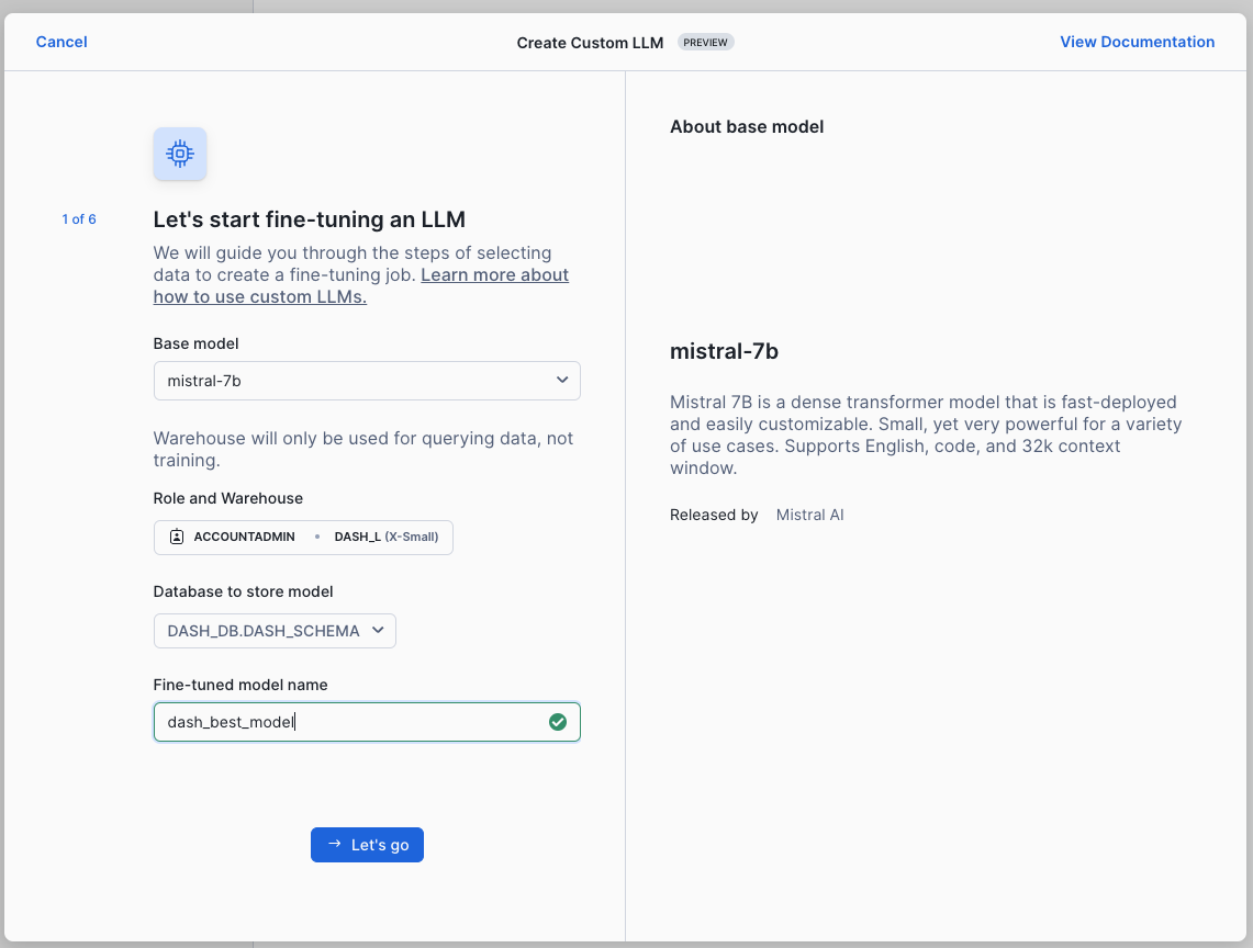 Screenshot of using Mistral to fine-tune an LLM in Snowflake