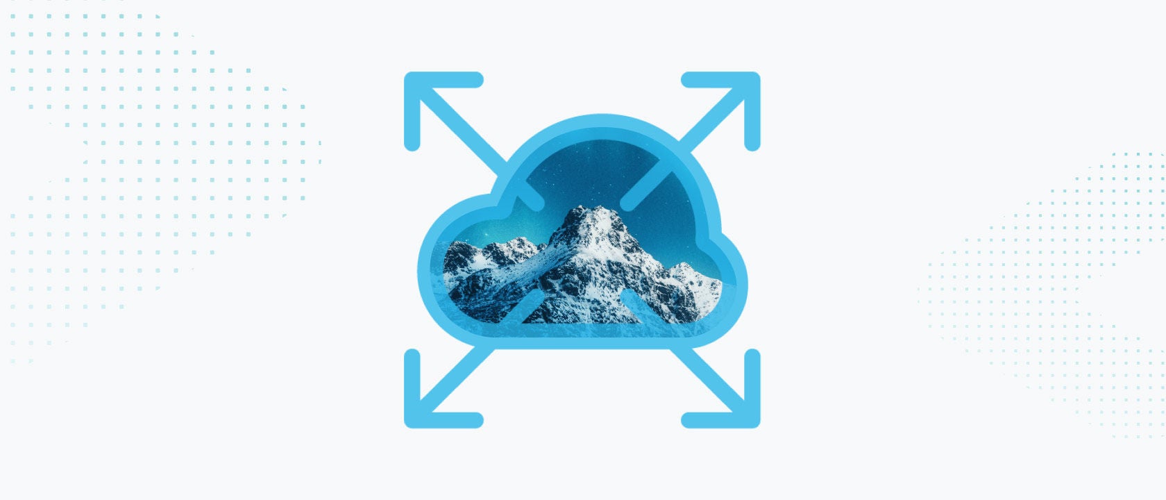 Digital Illustration of a mountain photo inside a cloud icon with outbound arrows implying expansion