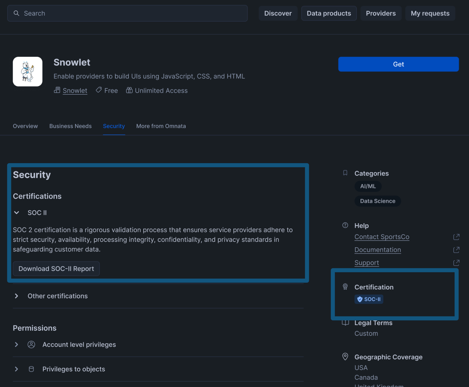 Screenshot of third-party compliance certifications shown in a Snowflake Native App listing on Snowflake Marketplace.