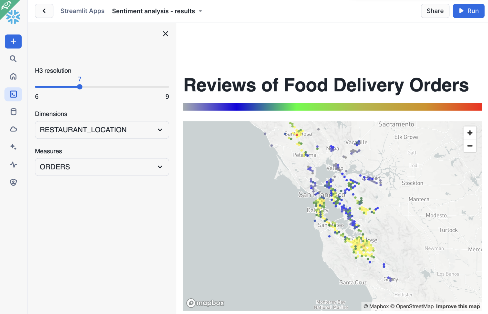 Screenshot of Streamlit app with a visualization of sentiment analysis by store location.