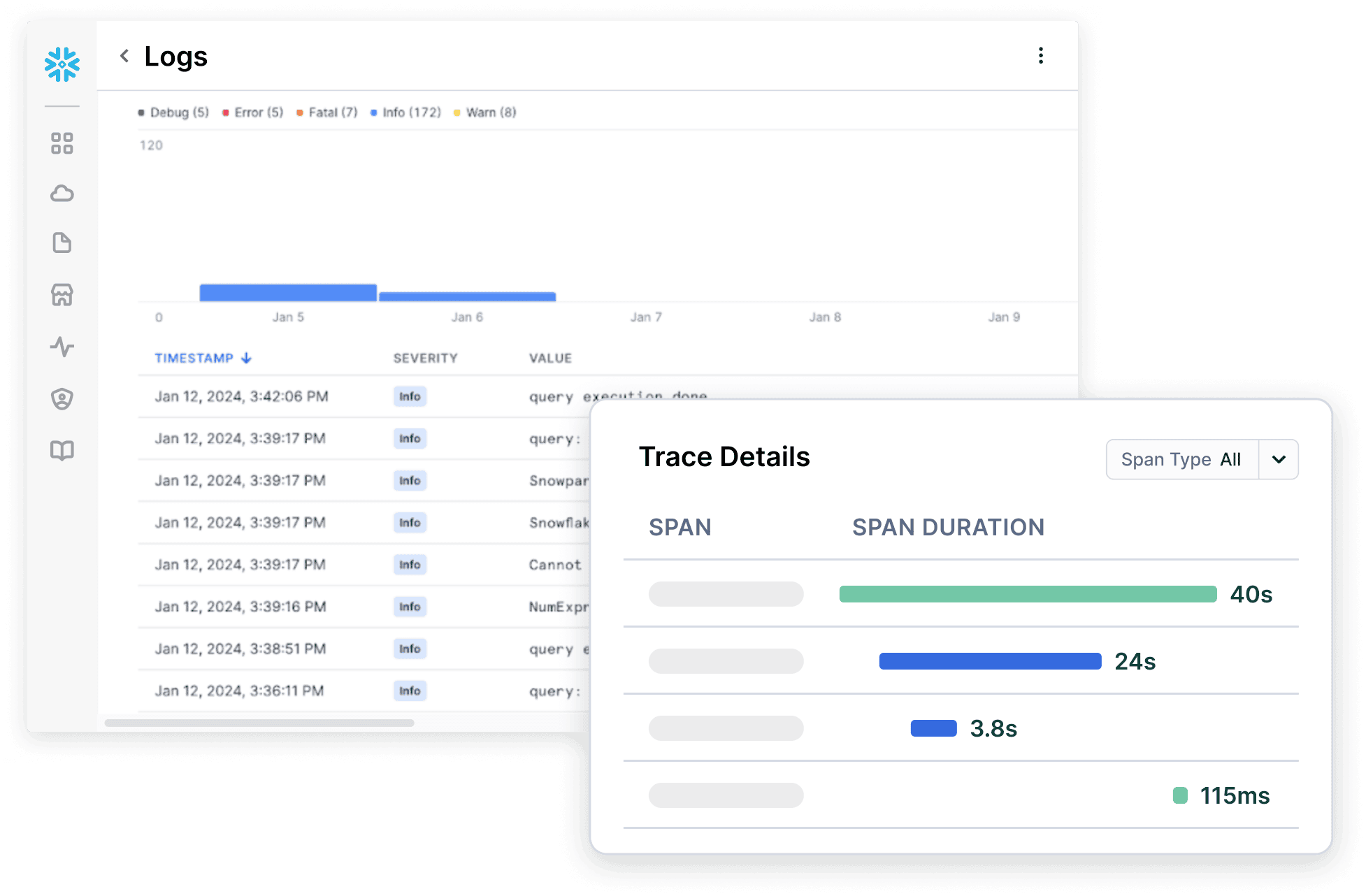 Screenshot of Snowflake Trail dashboard showing error logs and trace details