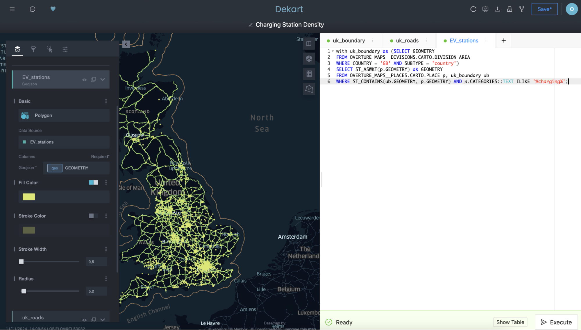 Screenshot of creating an interactive map by adding EV charging locations as a third layer.