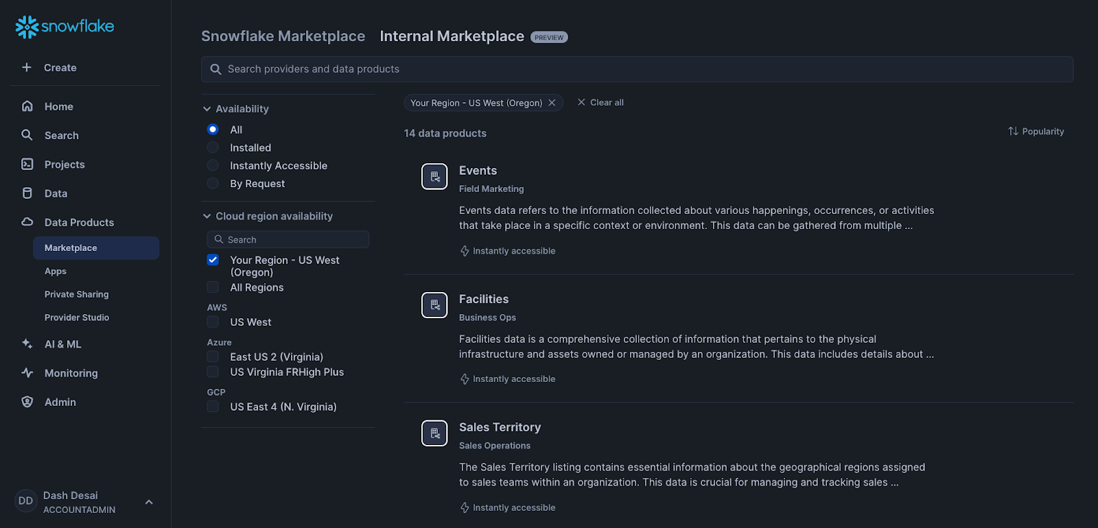 Screenshot of Snowflake Internal Marketplace capability.