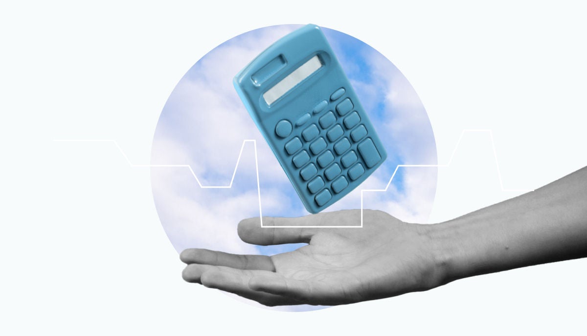 Composite illustration of a calculator floating over an open hand