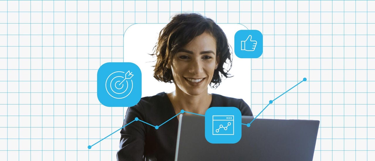 A smiling woman using a laptop surrounded by 3 blue icons representing personalized content, on top of a blue grid background