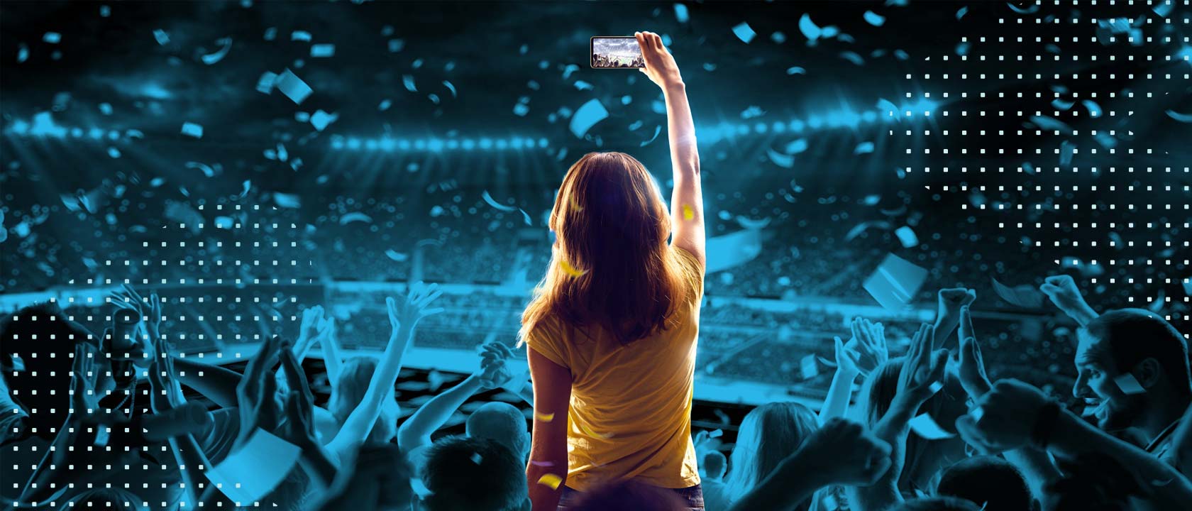 Photo illustration of a female fan in a yellow shirt at a sporting arena with cheering fans