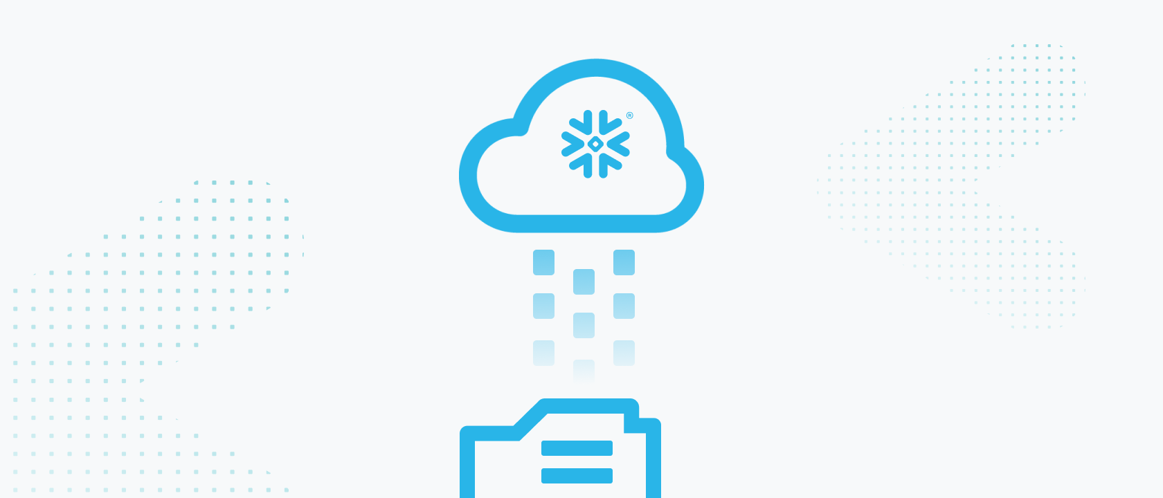 Digital illustration of an on-premise data store sending data to a cloud icon with the Snowflake cloud in the center