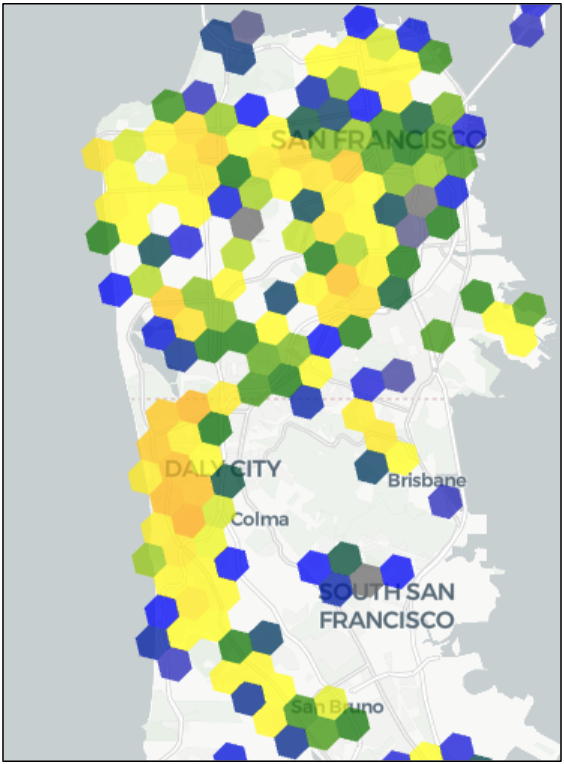 Screenshot of food delivery data points in San Francisco, zoomed in to show gaps in coverage.