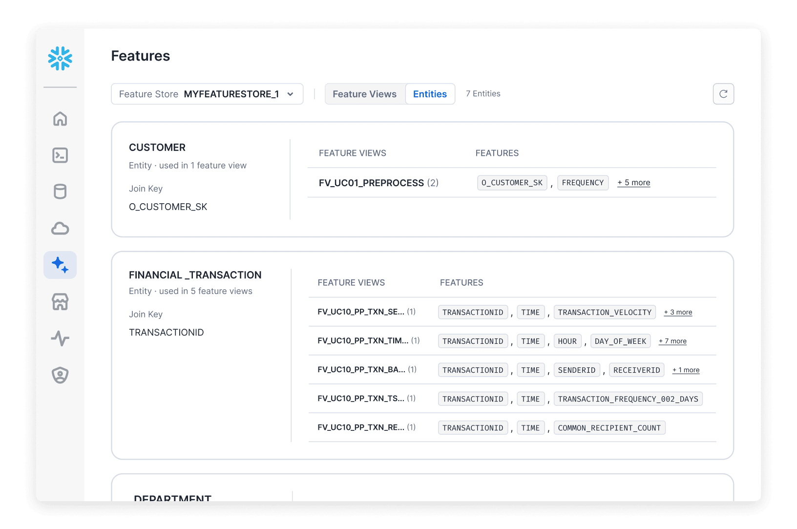 Screenshot of the Features Dashboard on the Snowflake platform