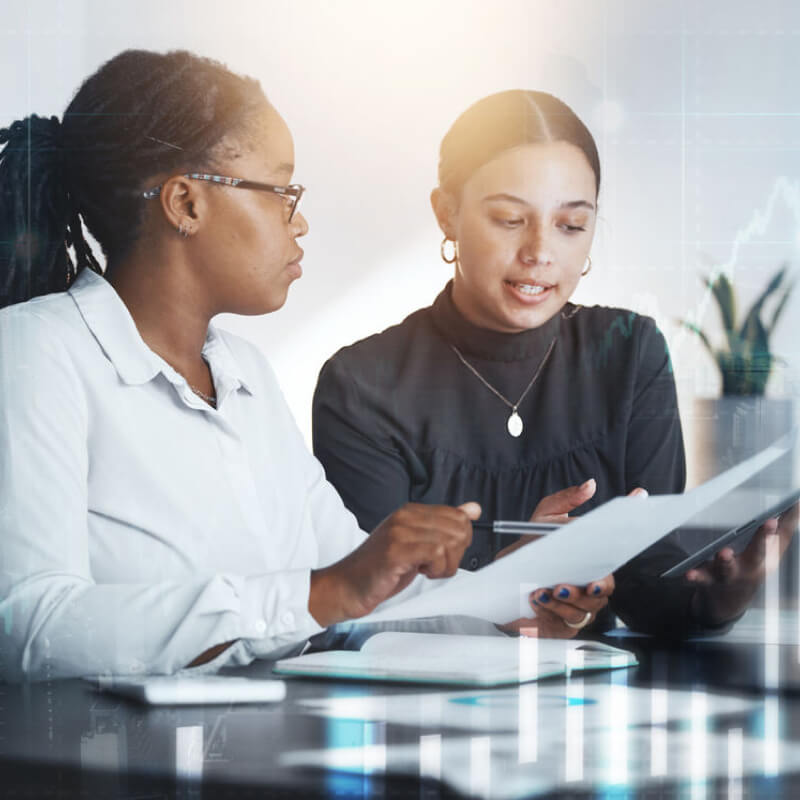 Two data professionals discussing documents in a meeting room