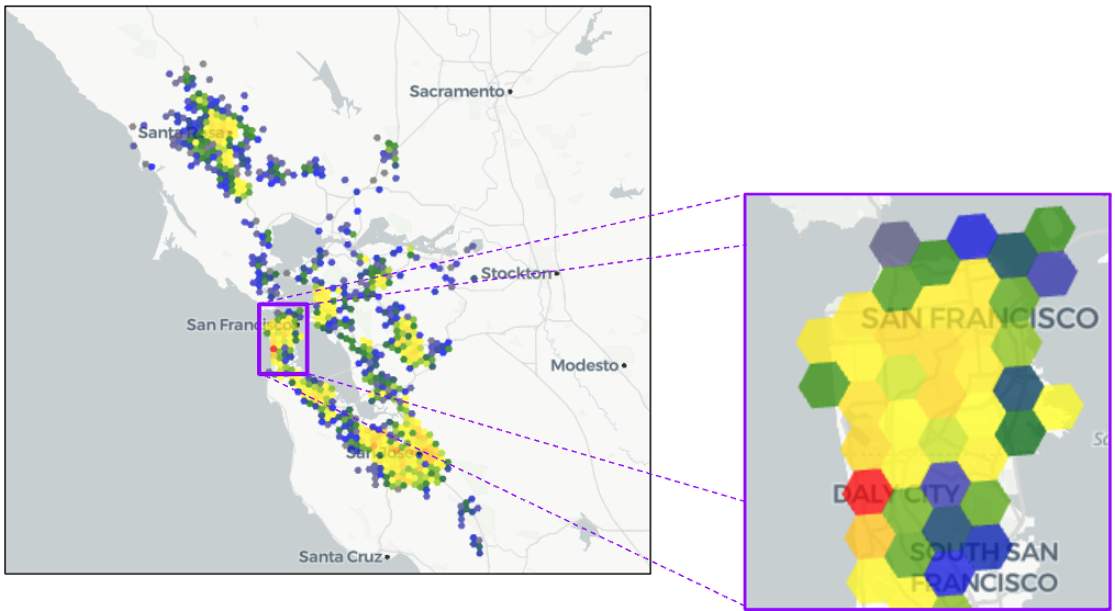 Screenshot of food delivery data points on a map of the San Francisco Bay Area, with a zoom in on the San Francisco city area.