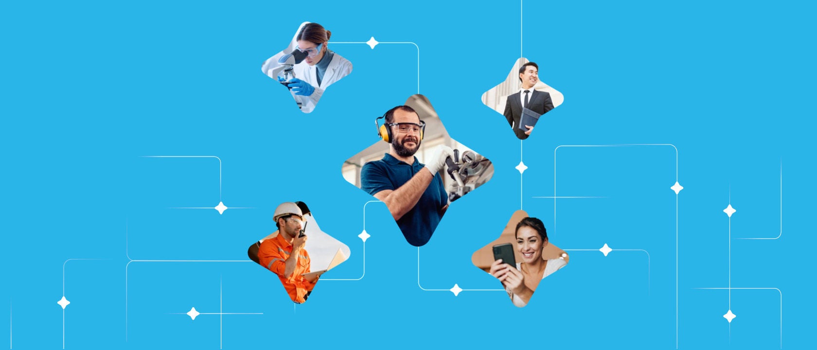 Images of people representing various industries on a blue background: a researcher using a microscope, a finance professional, a manufacturer, a woman on a phone, a man in a hard hat with a walkie-talking and laptop.