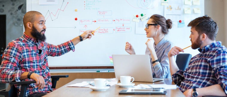 Group of coworkers talking in front of a whiteboard. 