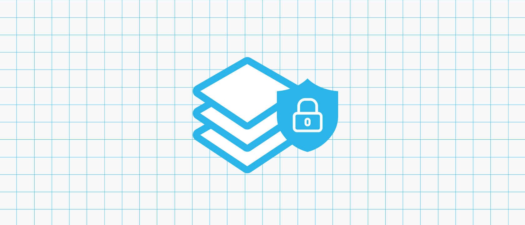 Icon representing 3 sheets of stacked paper next to a shield icon with a lock symbold on it.