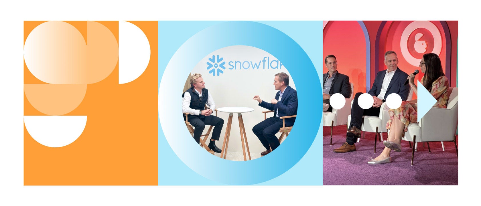 A photo illustrating of an orange graphic, a blue circle with an interview for Data Cloud Now video, and a panel discussion from AdWeek